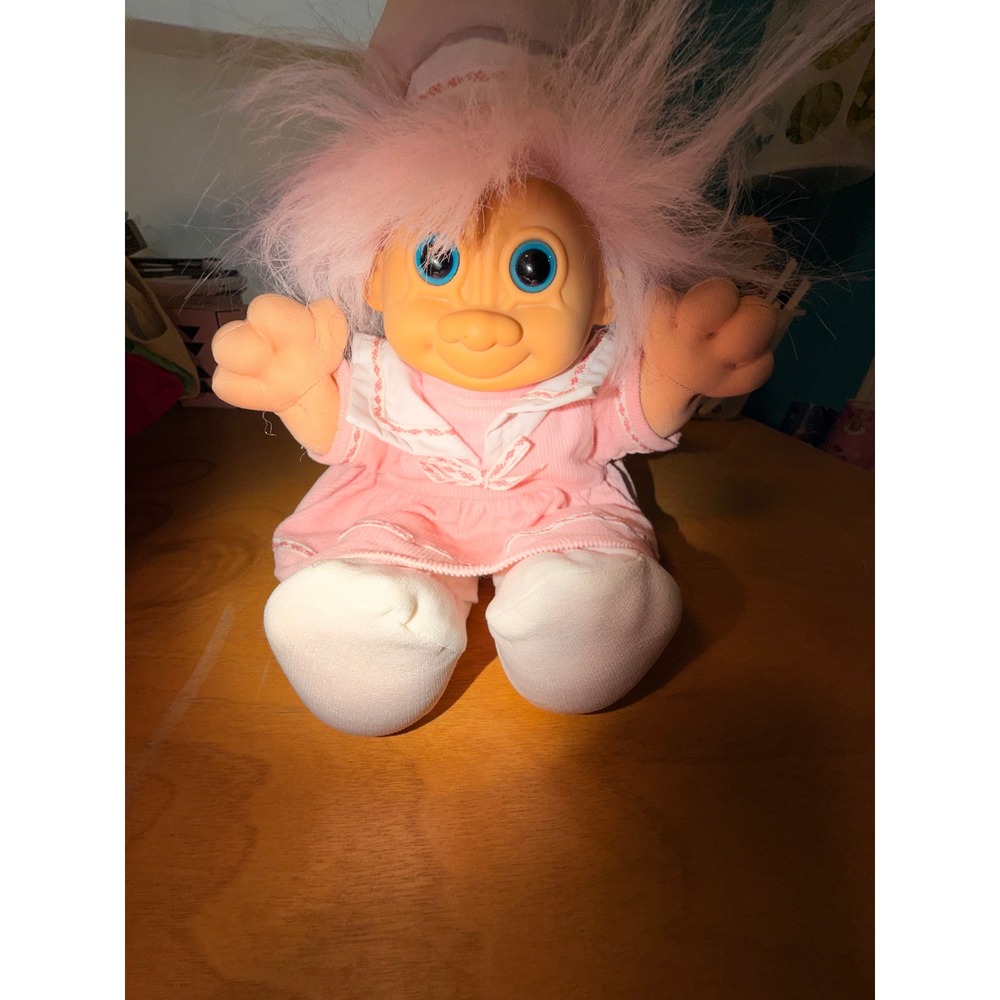 Vintage Russ Berrie Plush Troll Doll Pink Hair Blue Eyes Pink Sailor Dress 2319
